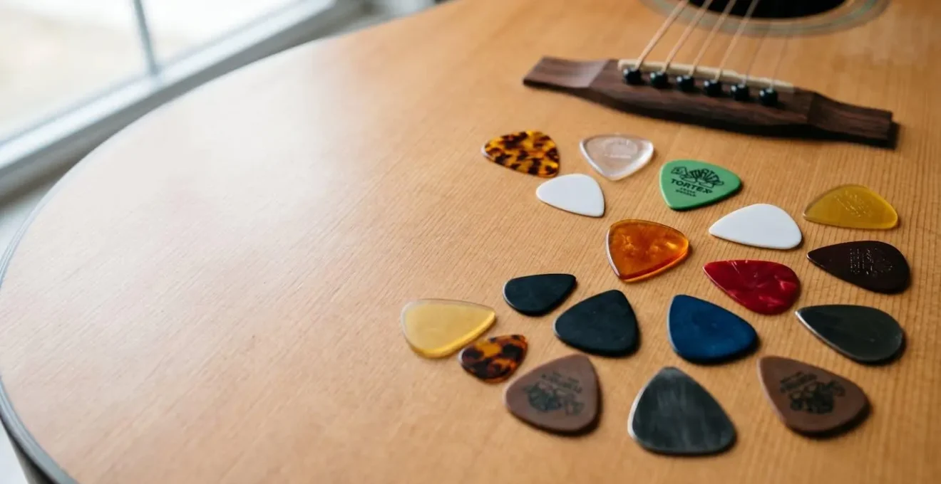Environmental wide shot showing various guitar pick materials arranged in minimalist composition with dramatic lighting