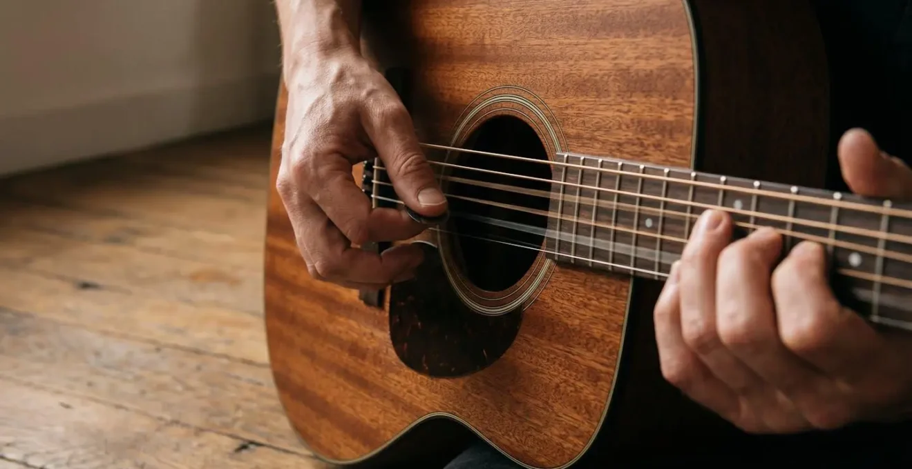 Acoustic guitar strings showing contrasting picking techniques creating tonal width