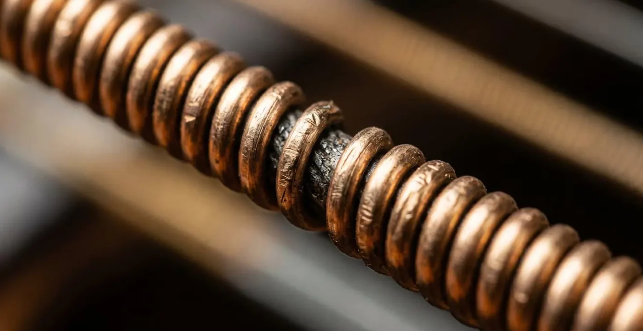 Extreme macro detail of guitar string winding and metal texture under tension