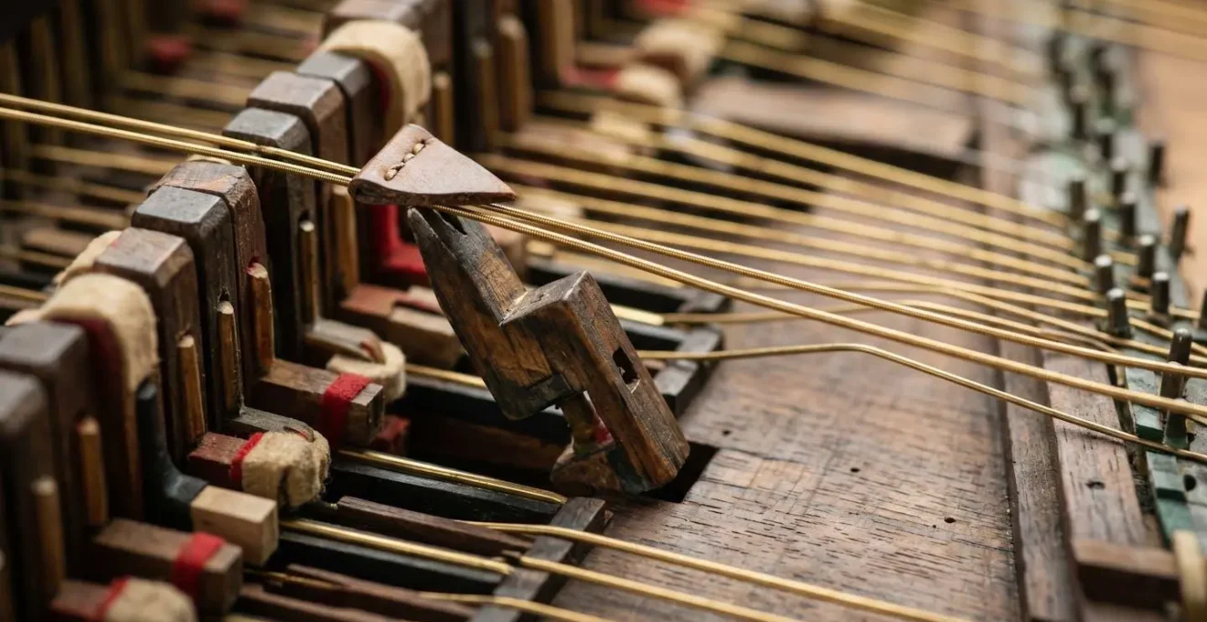 Extreme close-up macro detail of harpsichord internal mechanism showing plucked strings and jacks