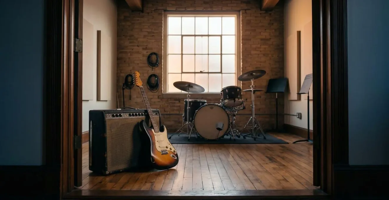 A wide environmental shot of a jazz-rock rehearsal space with electric instruments ready, capturing the fusion of two musical worlds