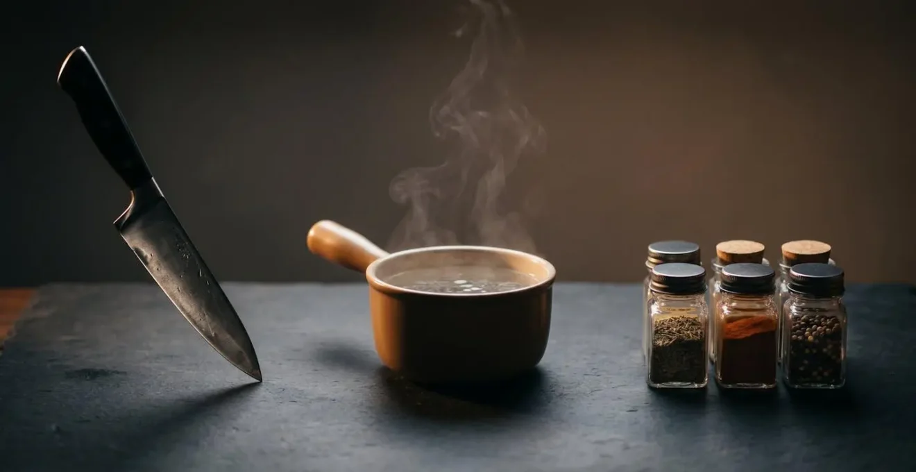 Symbolic arrangement of kitchen objects creating visual narrative through intentional composition and lighting for sonic storytelling concepts