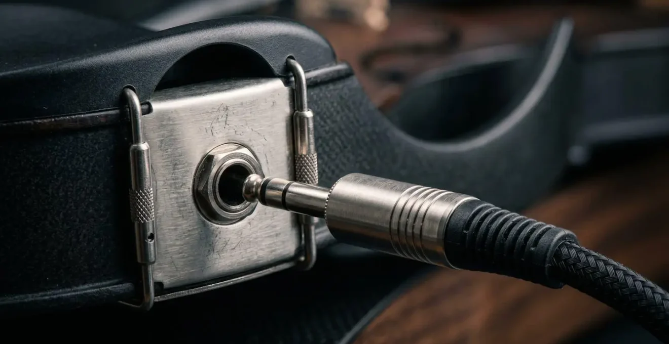 Extreme close-up of headphone cable connecting to electric violin output jack with shallow depth of field