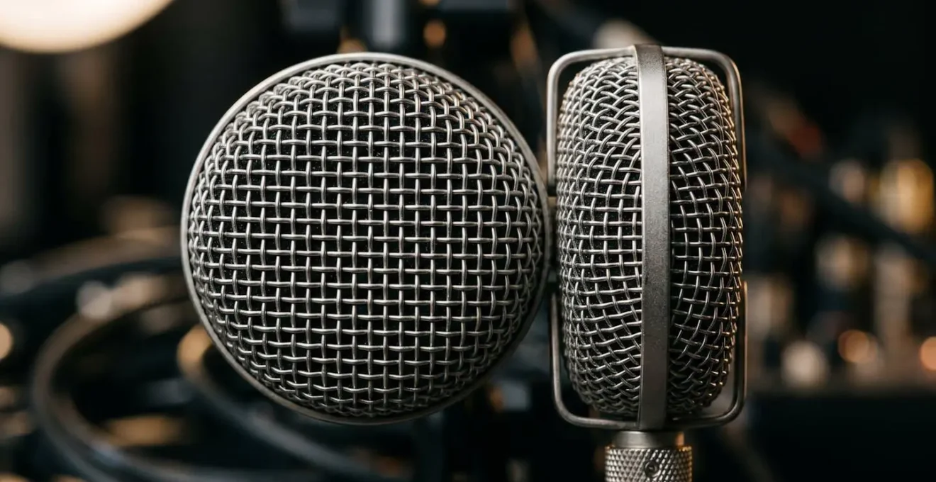 Macro detail of two microphones positioned in mid-side configuration showing capsule alignment