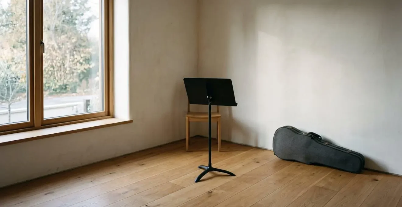 Minimalist wide shot of a music practice space with natural light and intentional negative space