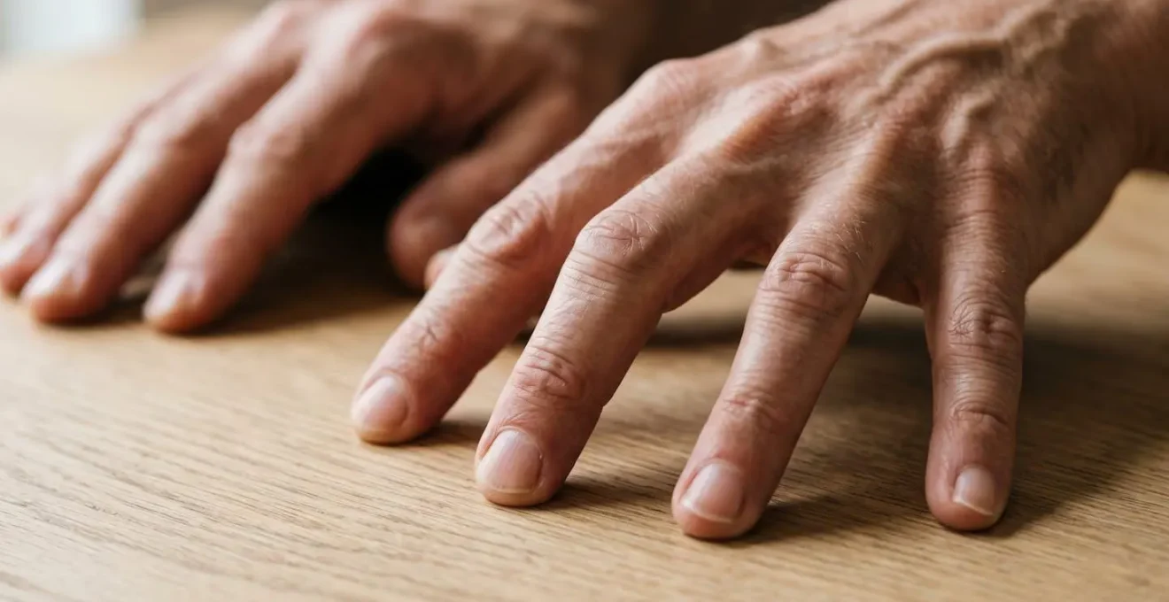Close-up of mature hands performing gentle finger stretching exercises before musical practice