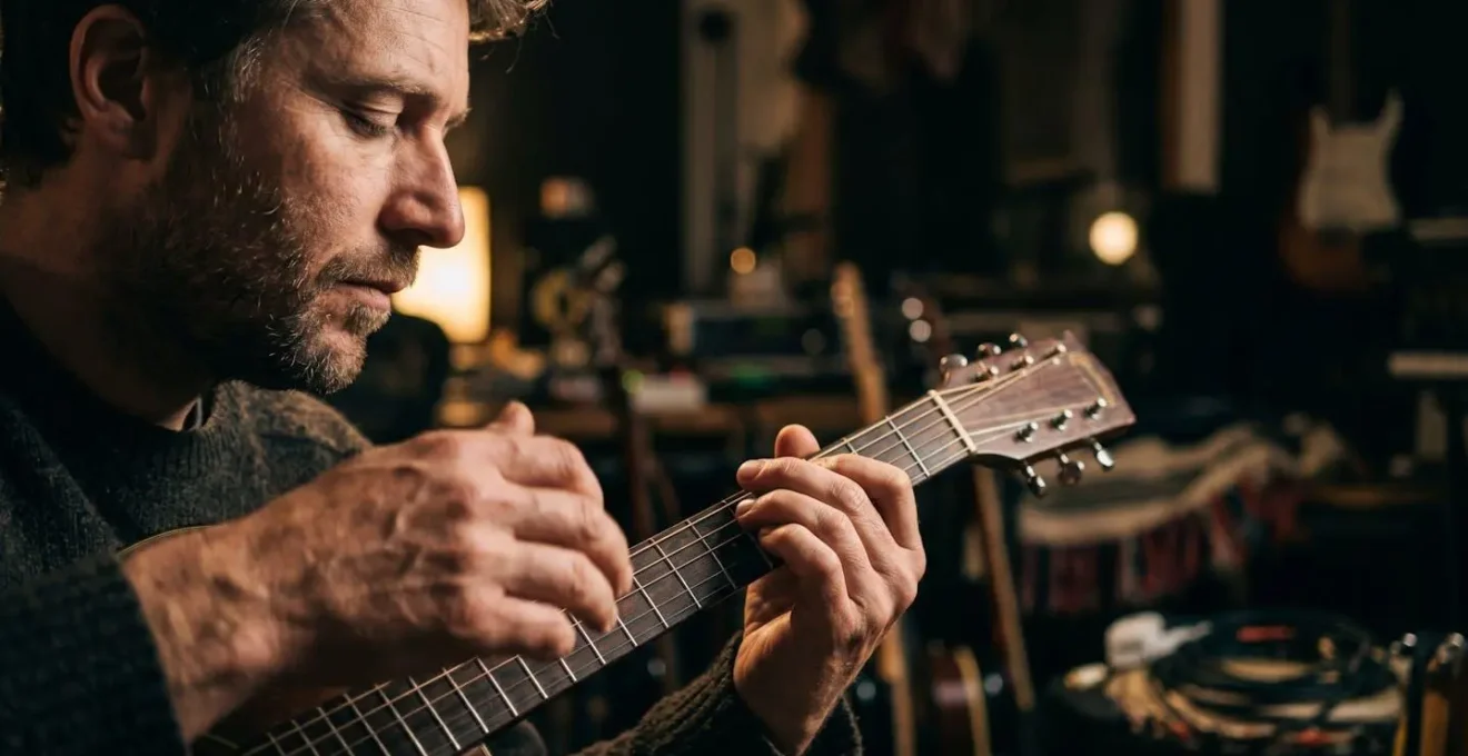 Musician in deep concentration during silent metronome practice session