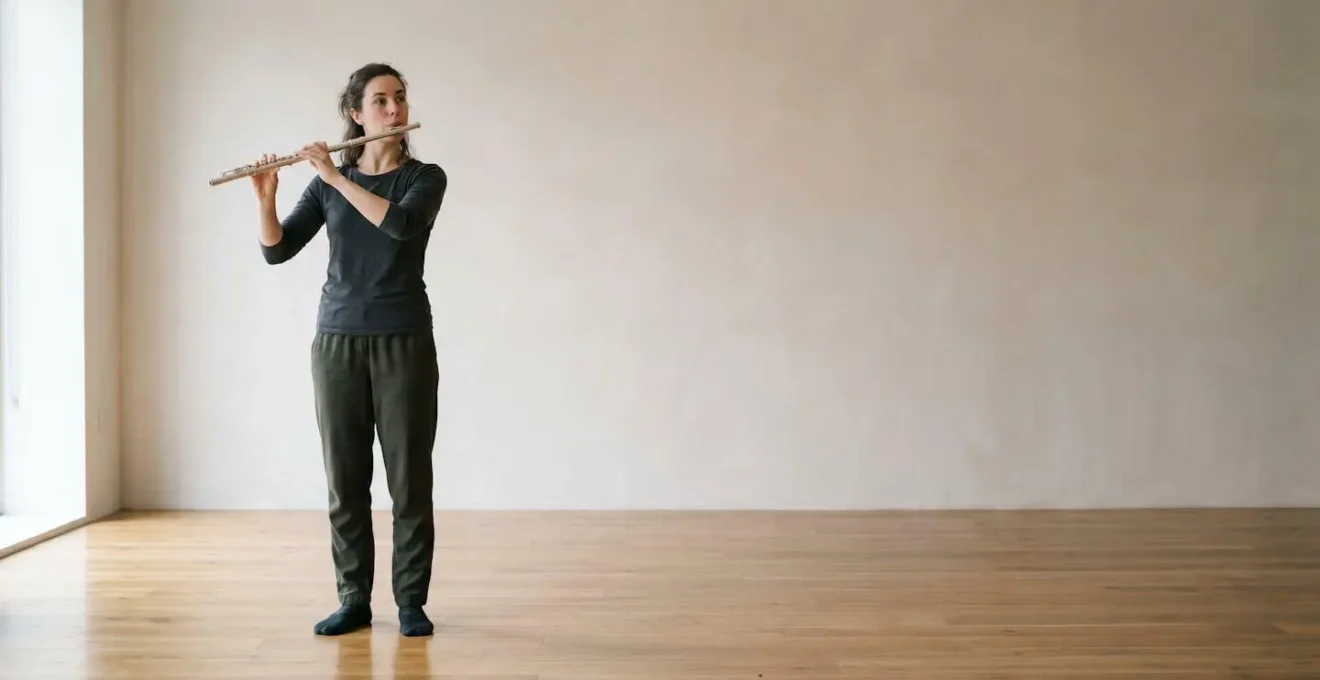 Wide environmental shot of musician demonstrating proper Alexander Technique spinal alignment