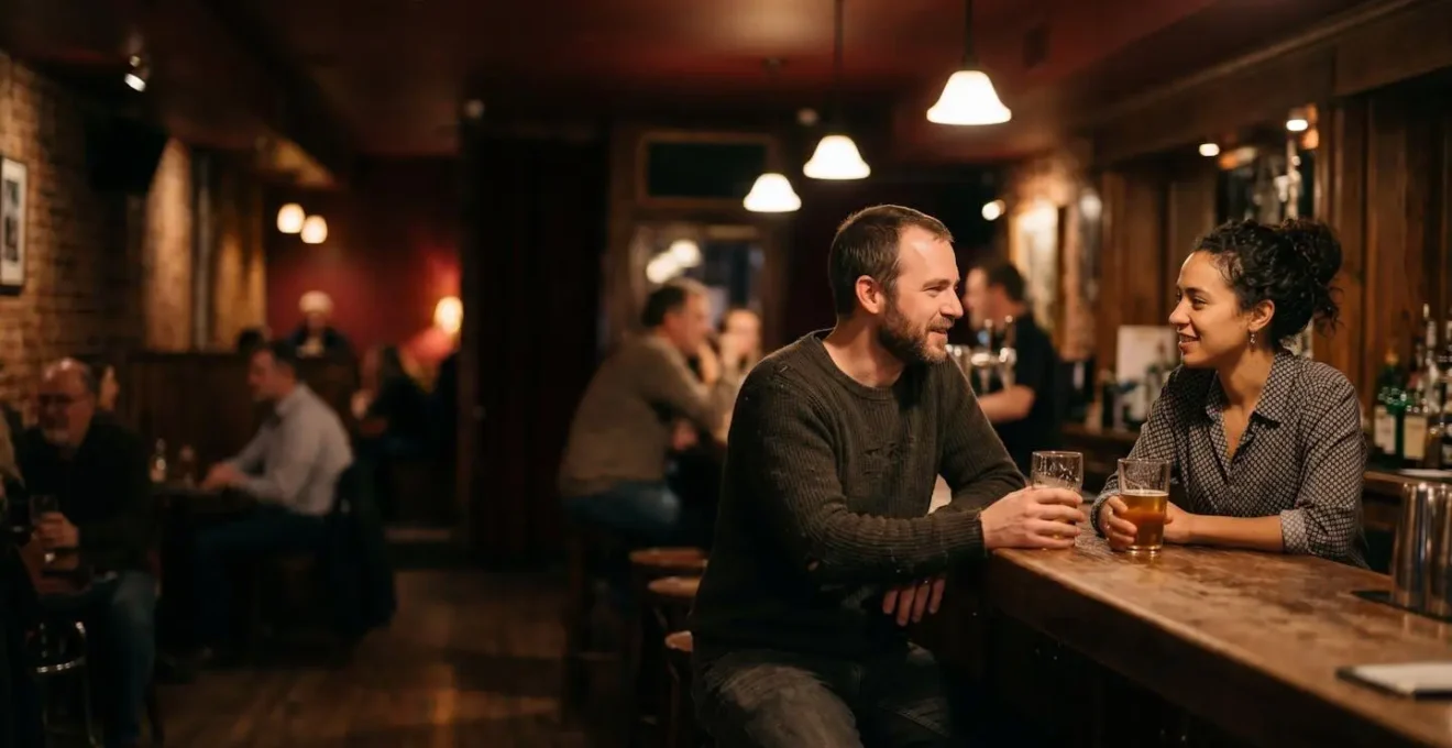 Jazz musicians engaging in friendly conversation at a dimly lit bar after performance with warm authentic atmosphere