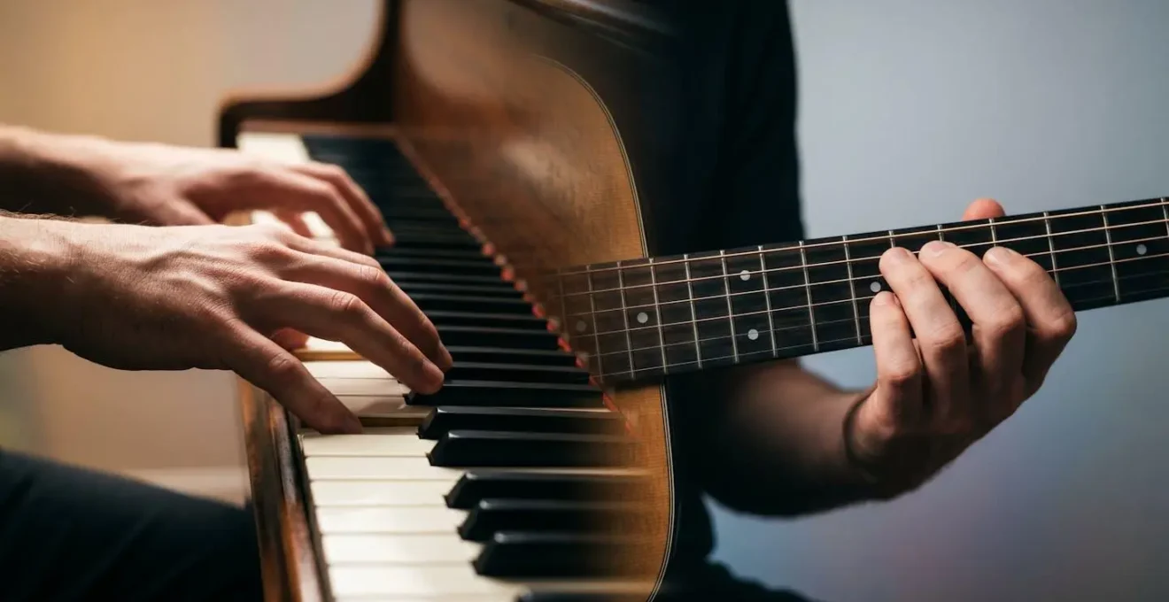 Symbolic composition showing hands transitioning between piano keys and guitar strings representing cross-training benefits