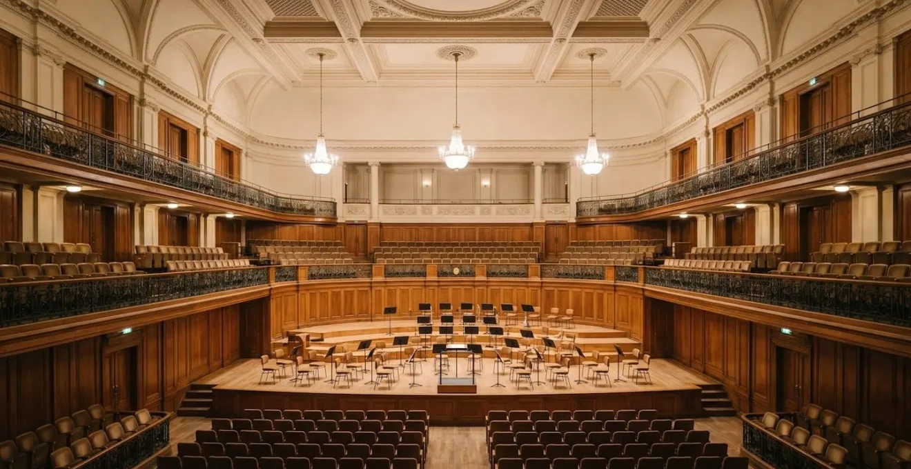 Wide environmental view of concert hall interior showing orchestra seating arrangement and architectural space