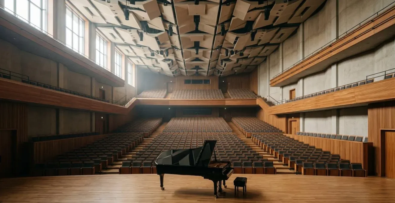 Environmental wide-angle view of empty concert hall showing depth perspective from stage to back wall