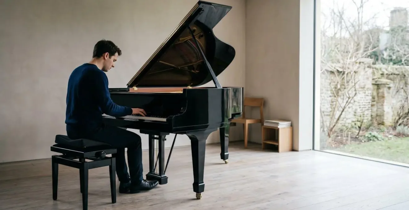 Environmental wide shot of pianist at piano bench with wedge cushion showing proper seated posture