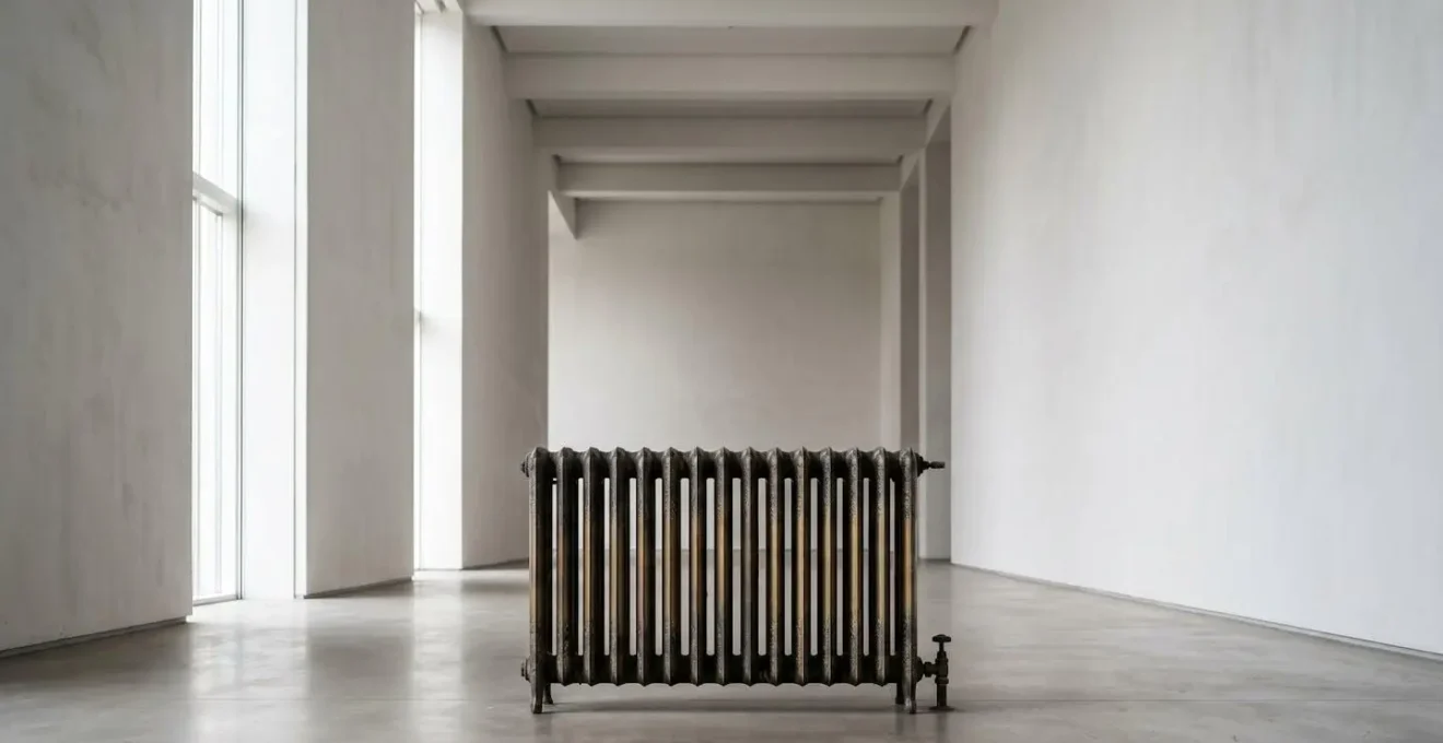 Wide angle environmental shot of vintage radiator in spacious room showing architectural scale and reverberant space for massive sound design