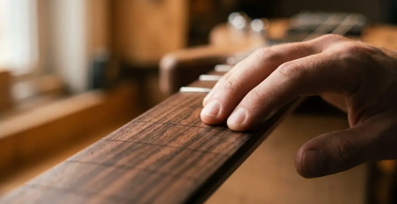 Intimate close-up of unfinished rosewood bass fretboard showing natural wood grain texture and pore structure ready for conditioning