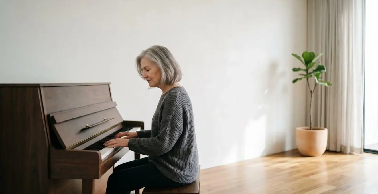 Senior adult engaged in focused piano practice showing cognitive engagement and concentration