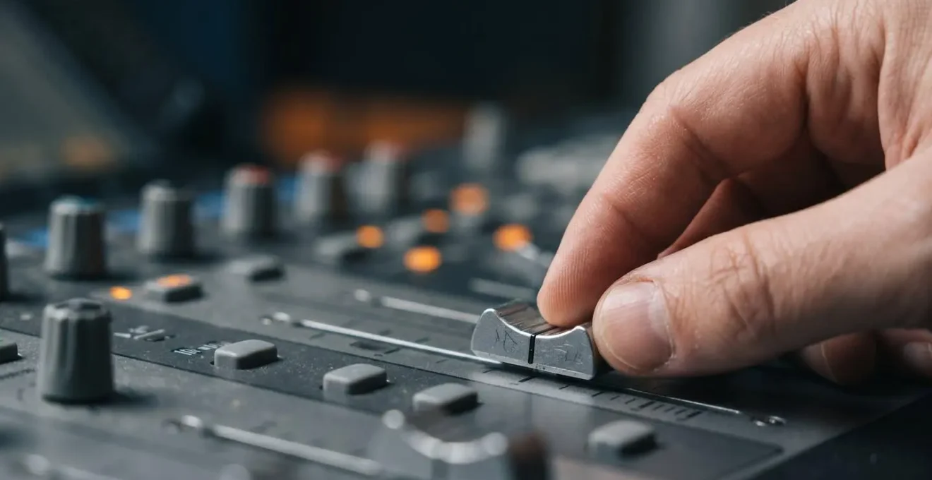 Close-up view of audio mixing equipment showing careful volume balance adjustments