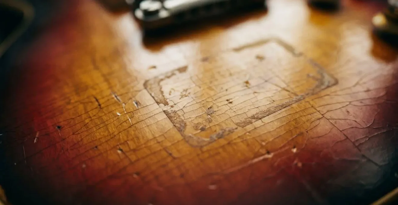 Extreme macro photograph of guitar finish showing ghost outlines and adhesive residue from removed stickers