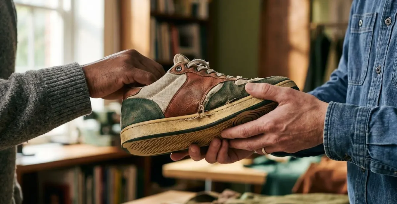 Close-up of diverse hands exchanging vintage sneakers symbolizing cultural exchange and economic empowerment