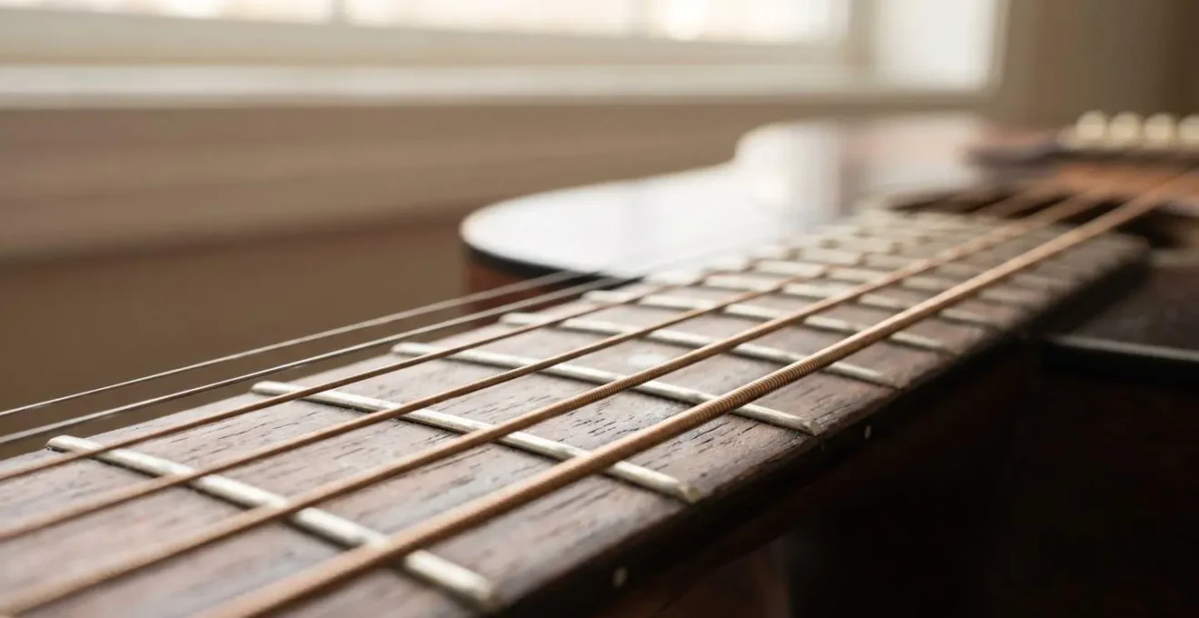 Environmental wide shot of guitar strings with natural moisture condensation in ambient light
