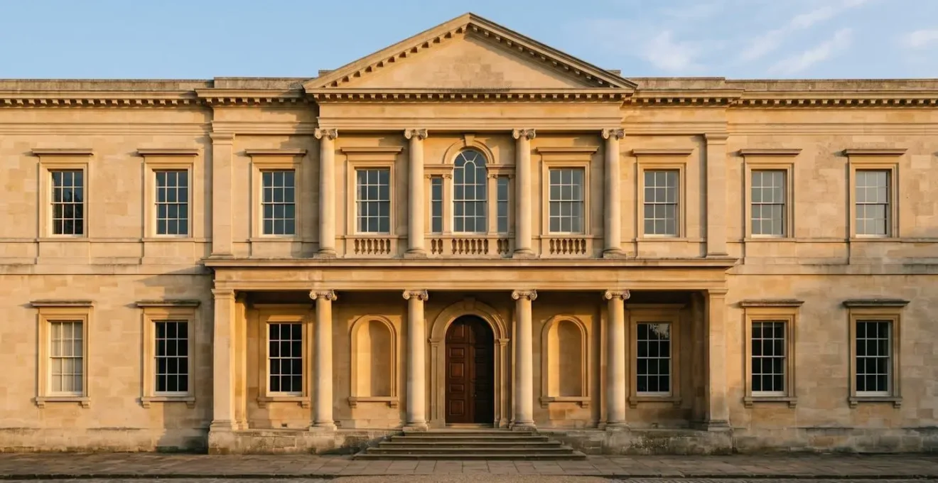 Symmetrical architectural composition embodying Classical era principles of order and proportion