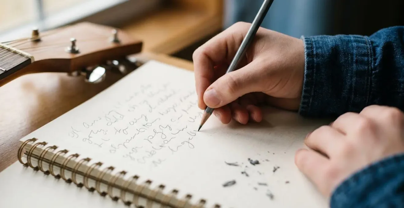 Close-up of teenage hands writing lyrics in notebook with guitar beside them