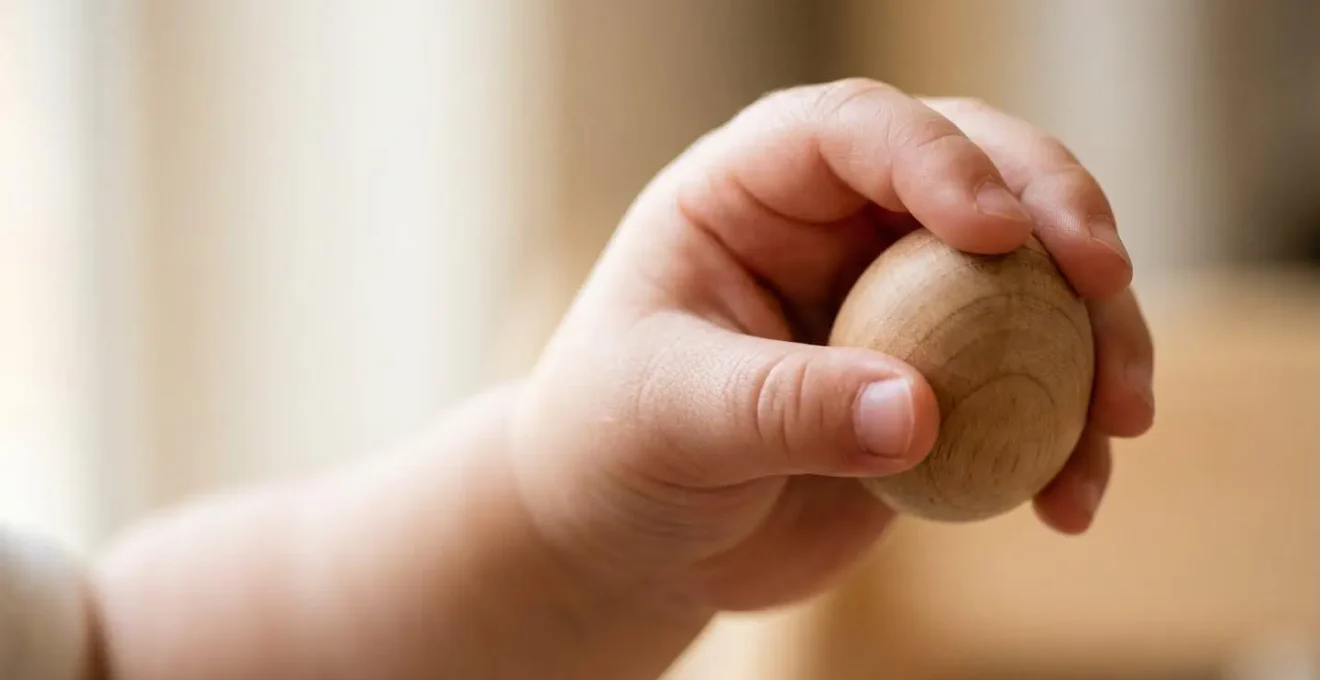Detailed view of toddler's hand demonstrating pincer grasp while holding small musical shaker
