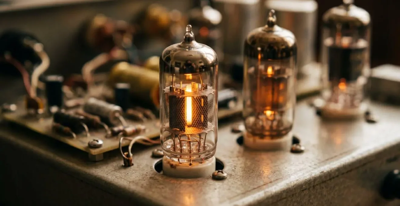 Close-up of glowing vacuum tubes in an amplifier, showing their inner warmth and signs of wear.