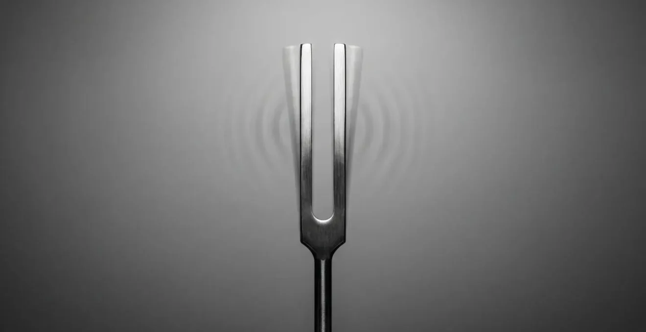 Symmetrical composition of a tuning fork captured mid-vibration with motion blur