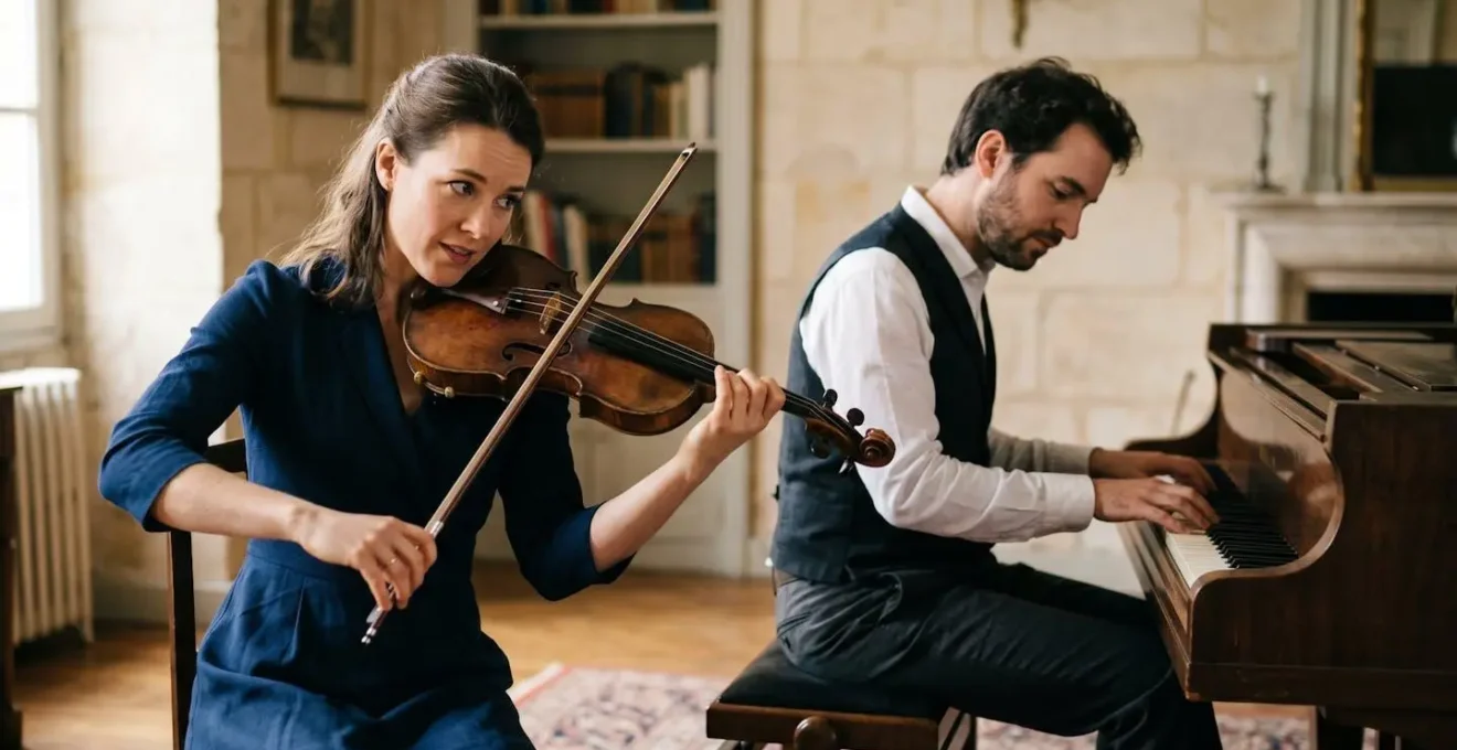 Two musicians in intimate chamber music setting showing contrasting emotional expressions during performance