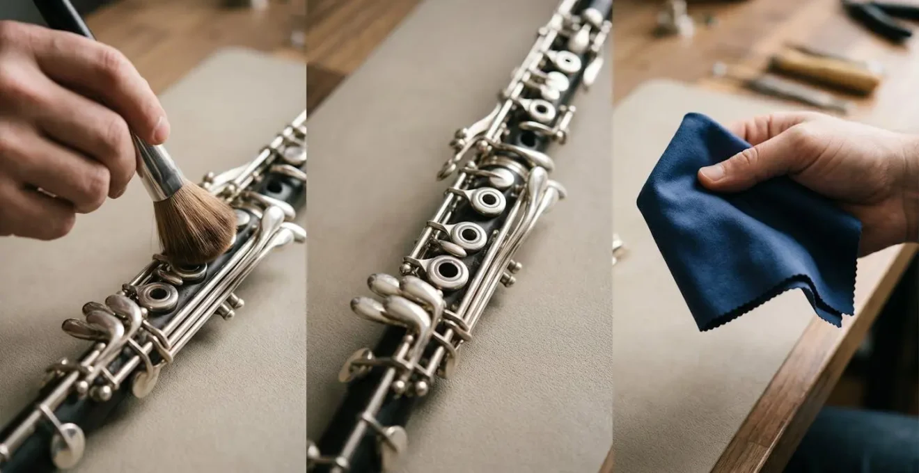 Hands performing two-stage cleaning process on wind instrument keys with brush and cloth