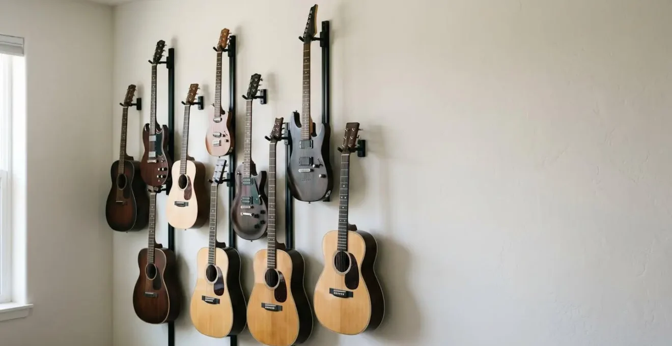 Wide angle view of efficient vertical guitar wall mounting system maximizing limited wall space
