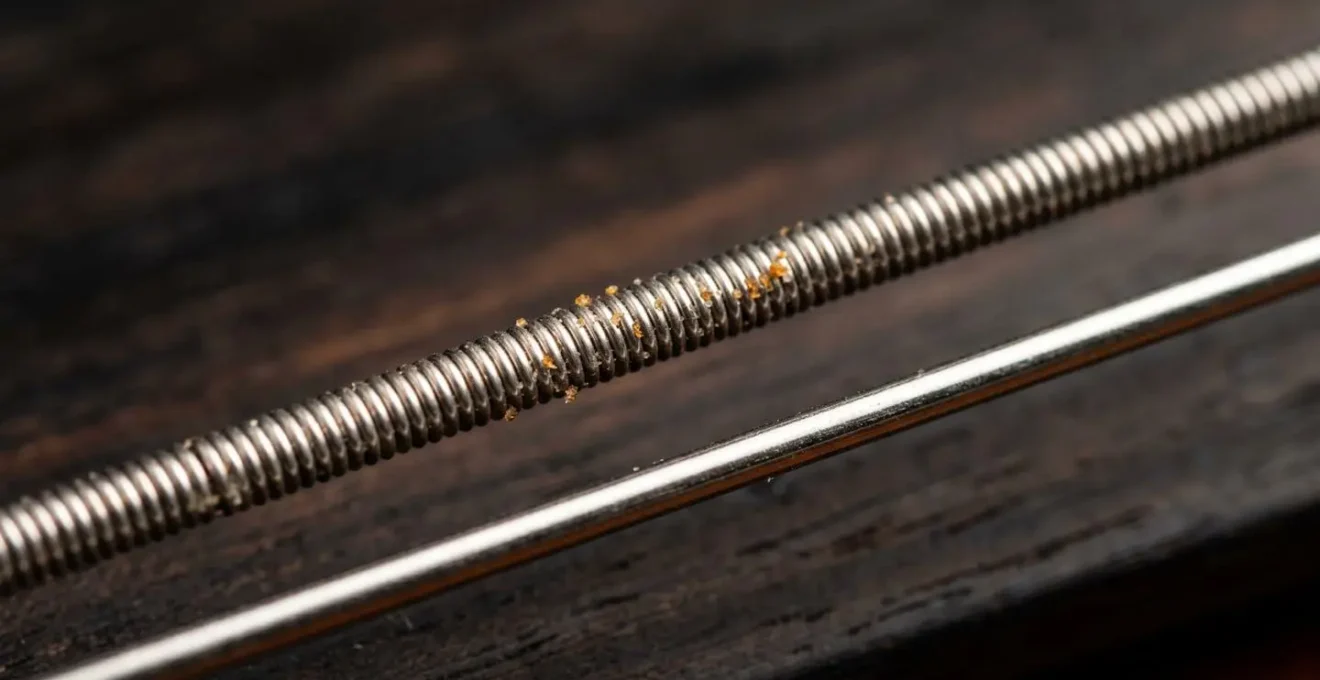 Macro detail of violin string surface showing rosin accumulation and metal windings