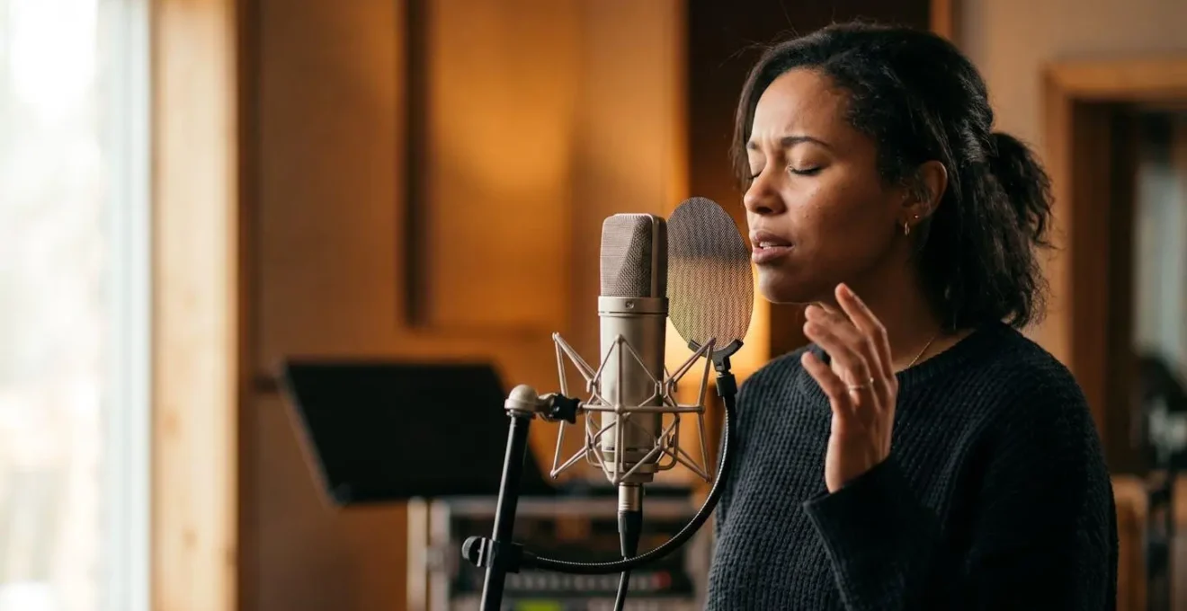 Close-up of recording studio atmosphere with warm lighting and minimal distractions