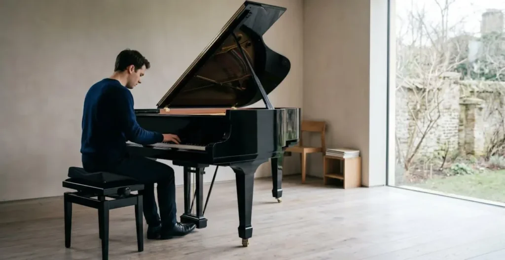 Environmental wide shot of pianist at piano bench with wedge cushion showing proper seated posture